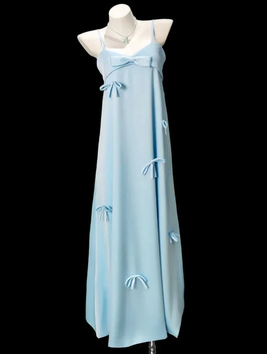 Classy A-line Spaghetti Strap Bow Detail Satin Maxi Party Dress