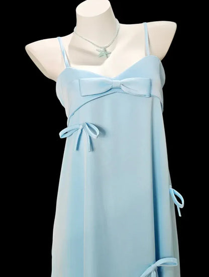 Classy A-line Spaghetti Strap Bow Detail Satin Maxi Party Dress
