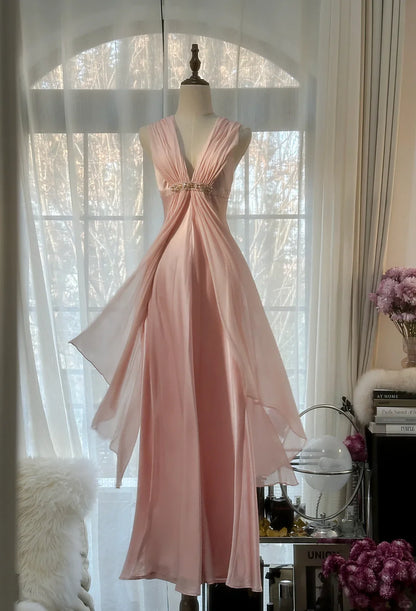 Classy A Line V Neck Sleeveless Open Back Long Prom Dresses