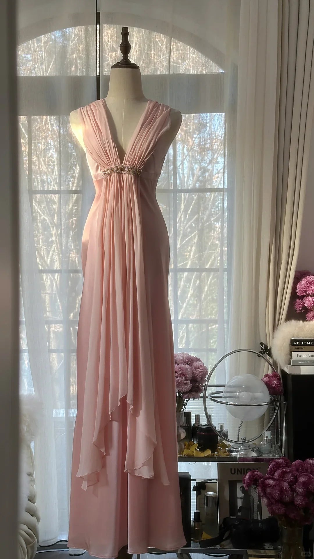Classy A Line V Neck Sleeveless Open Back Long Prom Dresses