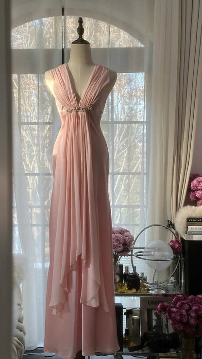 Classy A Line V Neck Sleeveless Open Back Long Prom Dresses