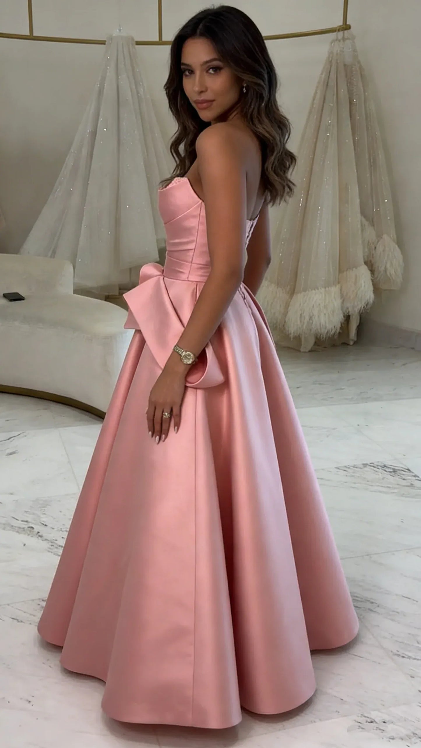 Classy Ball Gown Strapless Sleeveless Satin Pleated Floor-Length Prom Dress