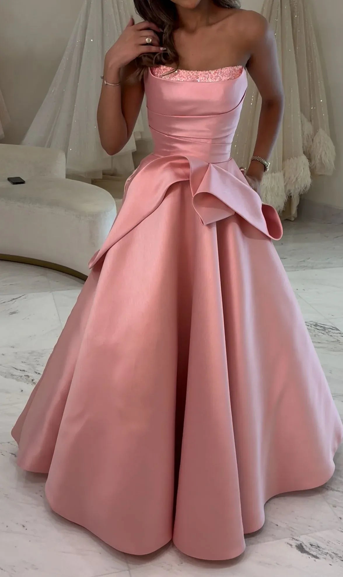 Classy Ball Gown Strapless Sleeveless Satin Pleated Floor-Length Prom Dress