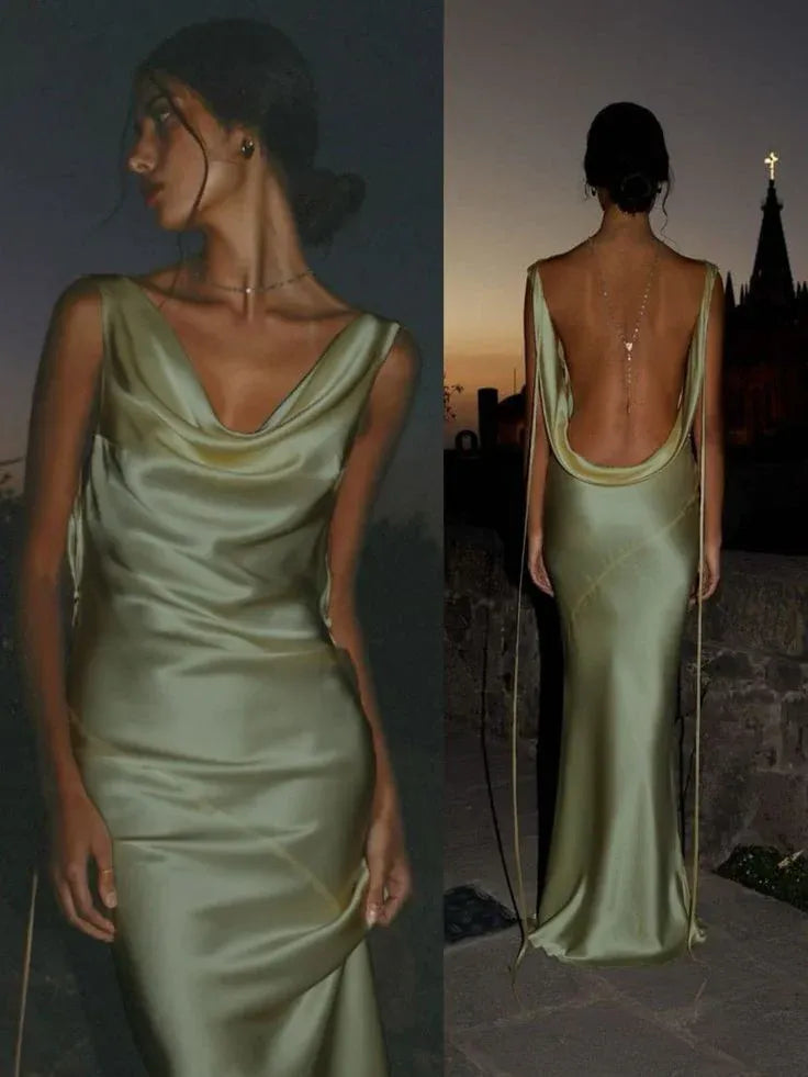 Classy Cowl Neck Sleeveless Mermaid Pleated Satin Long Prom Dress