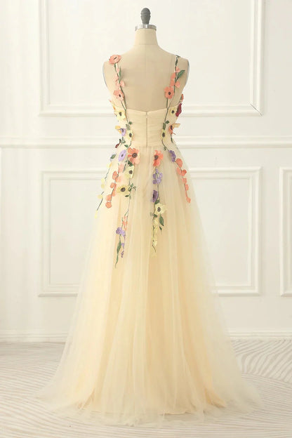 Classy Long Yellow Floral Prom Dresses Sweetheart Evening Dress
