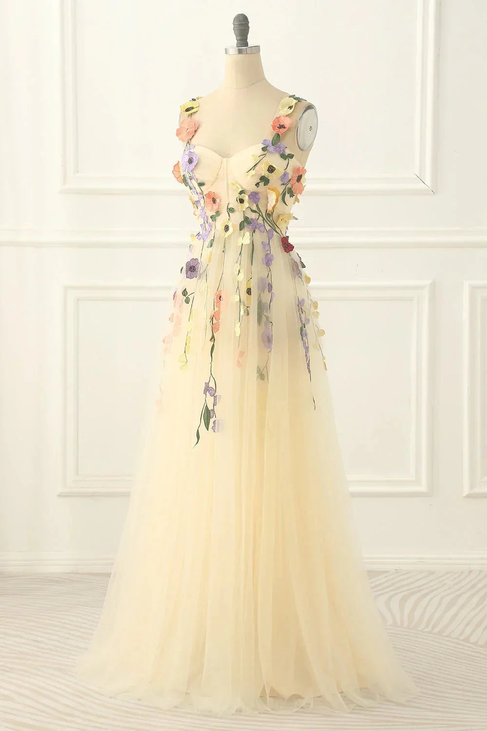 Classy Long Yellow Floral Prom Dresses Sweetheart Evening Dress