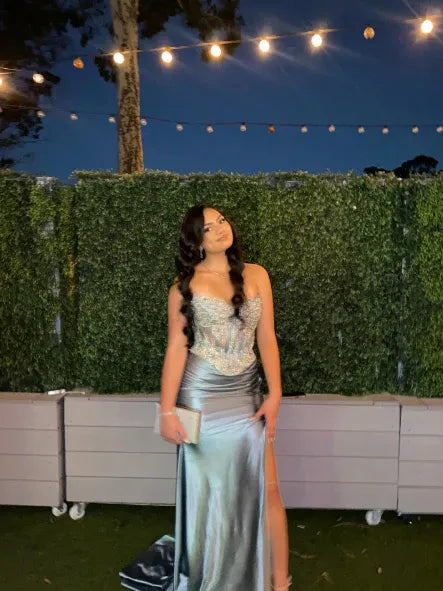 Classy Mermaid Strapless Sleeveless Satin Sweep Train Prom Dresses