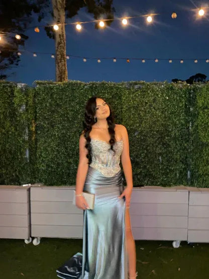 Classy Mermaid Strapless Sleeveless Satin Sweep Train Prom Dresses
