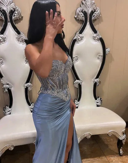 Classy Mermaid Strapless Sleeveless Satin Sweep Train Prom Dresses