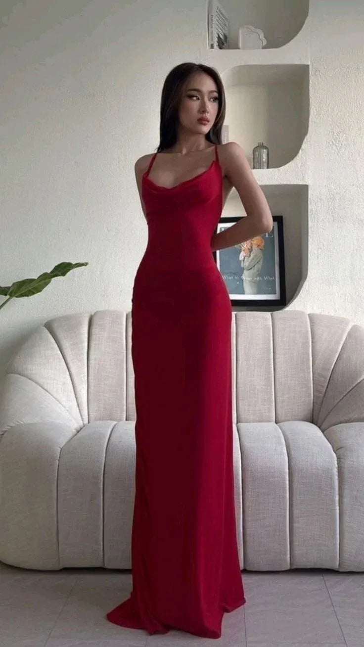Classy Red Satin Cowl Neck Spaghetti Strap Maxi Prom Dress