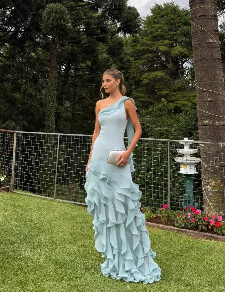 Classy Sheath One Shoulder Sleeveless Ruffles Chiffon Floor Length Wedding Guest Dress