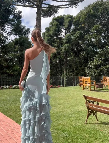 Classy Sheath One Shoulder Sleeveless Ruffles Chiffon Floor Length Wedding Guest Dress