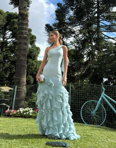 Classy Sheath One Shoulder Sleeveless Ruffles Chiffon Floor Length Wedding Guest Dress