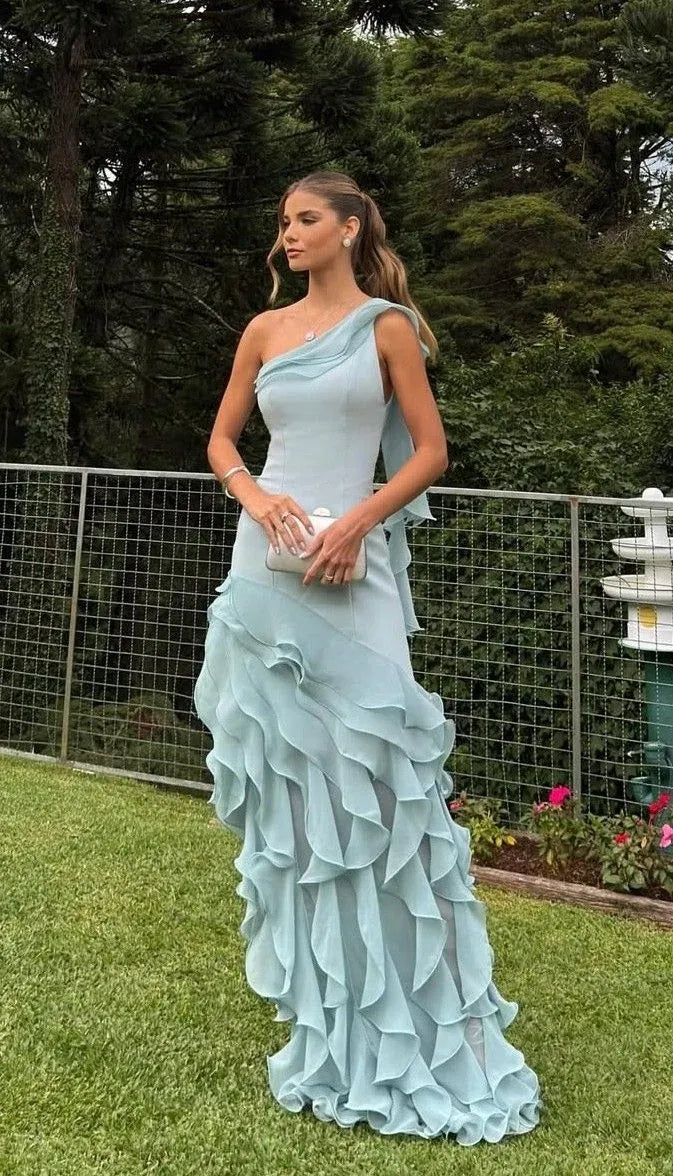 Classy Sheath One Shoulder Sleeveless Ruffles Chiffon Floor Length Wedding Guest Dress