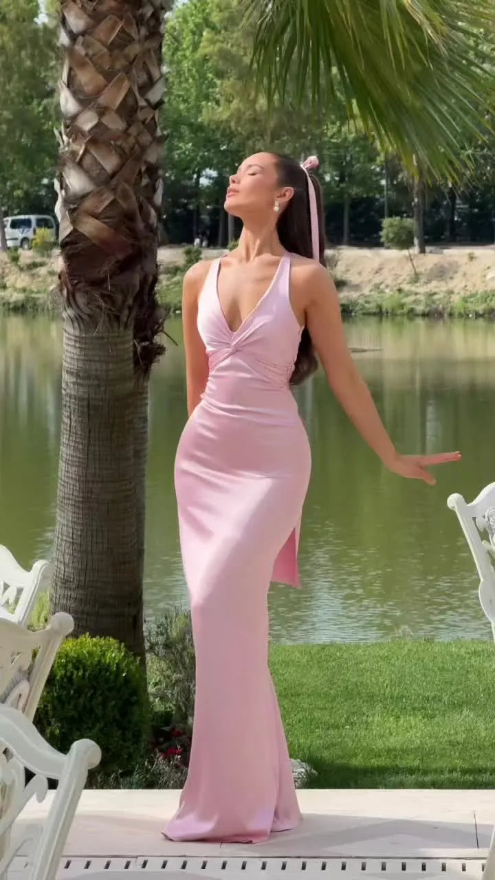 Classy V Neck Sleeveless Mermaid Satin Pleated Long Prom Dress