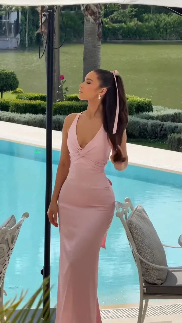 Classy V Neck Sleeveless Mermaid Satin Pleated Long Prom Dress