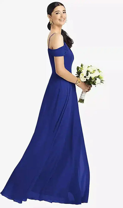 Cold-Shoulder V-Back Chiffon Maxi Dress in Cobalt Blue
