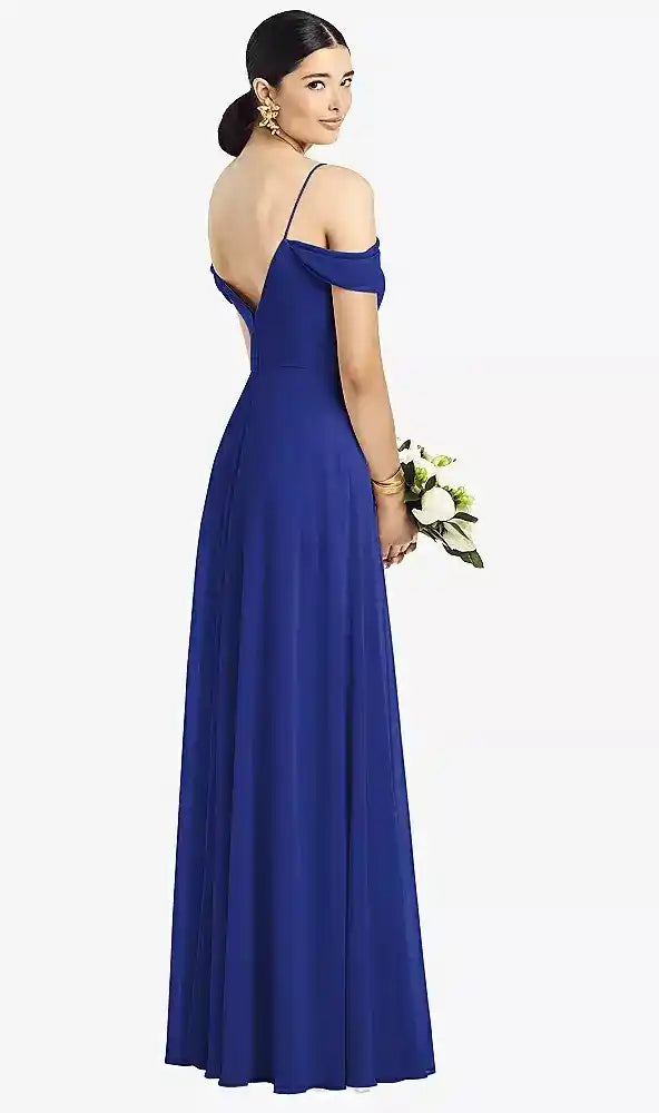 Cold-Shoulder V-Back Chiffon Maxi Dress in Cobalt Blue
