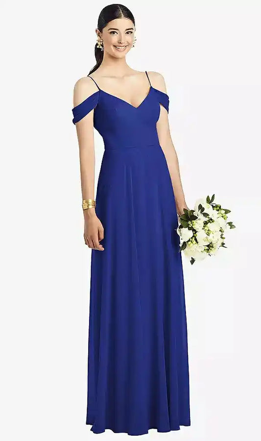 Cold-Shoulder V-Back Chiffon Maxi Dress in Cobalt Blue