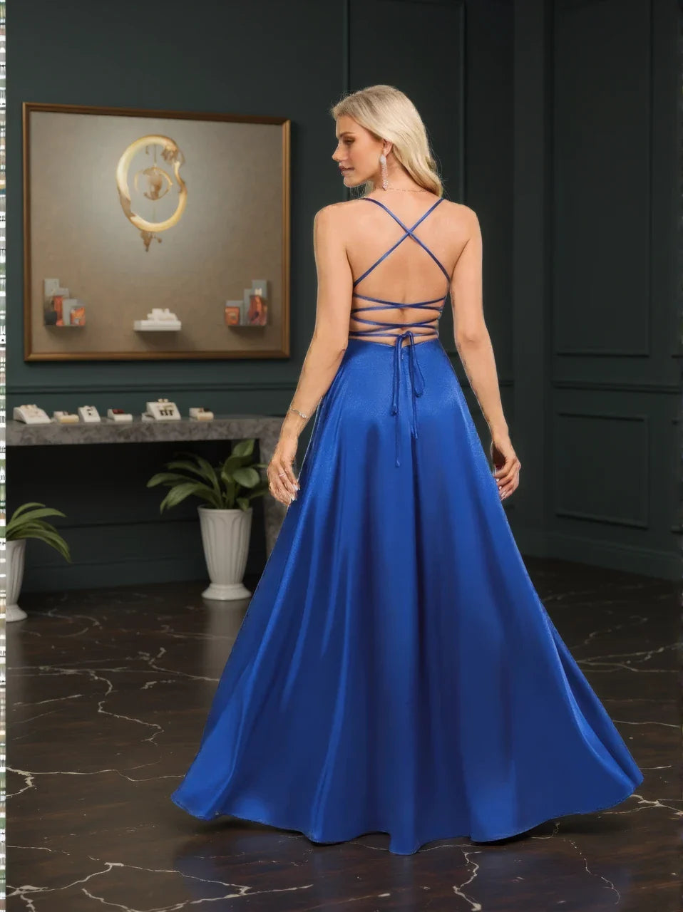 Elegant A-Line Deep V-Neck Spaghetti Strap Crisscross Back Satin Maxi Evening Dress
