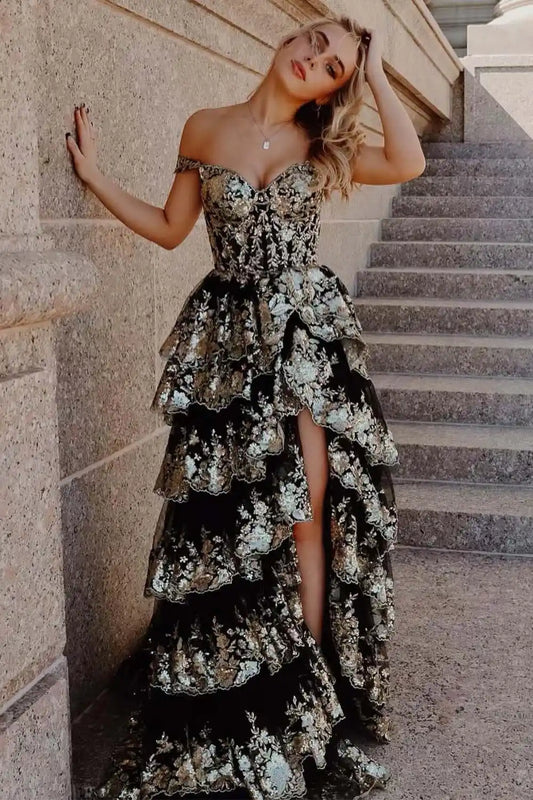 Corset Ruffle Prom Dress with Sequin
