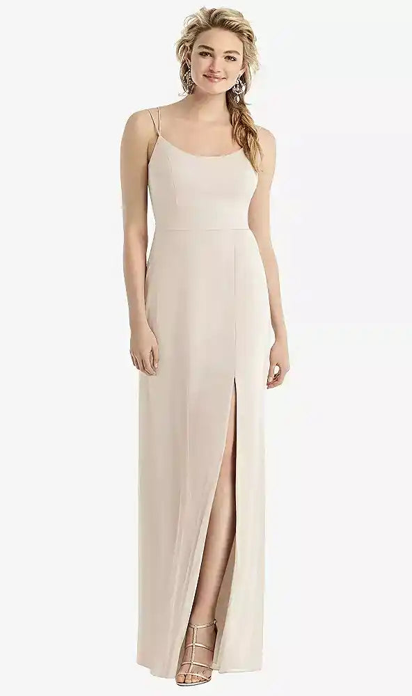 Cowl-Back Double Strap Maxi Dress with Side Slit in Oat