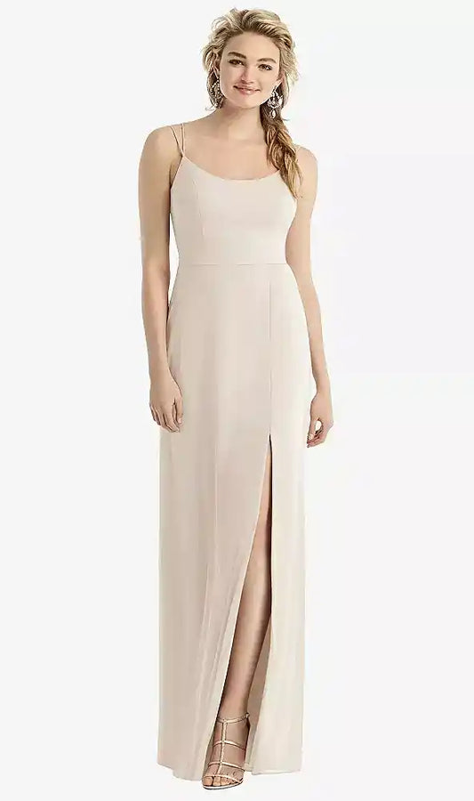 Cowl-Back Double Strap Maxi Dress with Side Slit in Oat