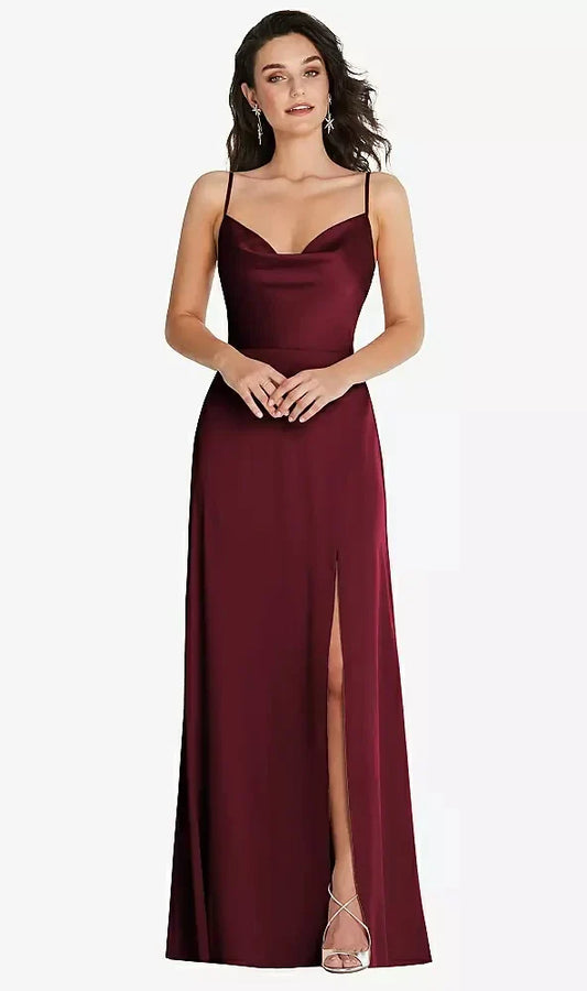Cowl-Neck A-Line Maxi Dress with Adjustable Straps in Cabernet