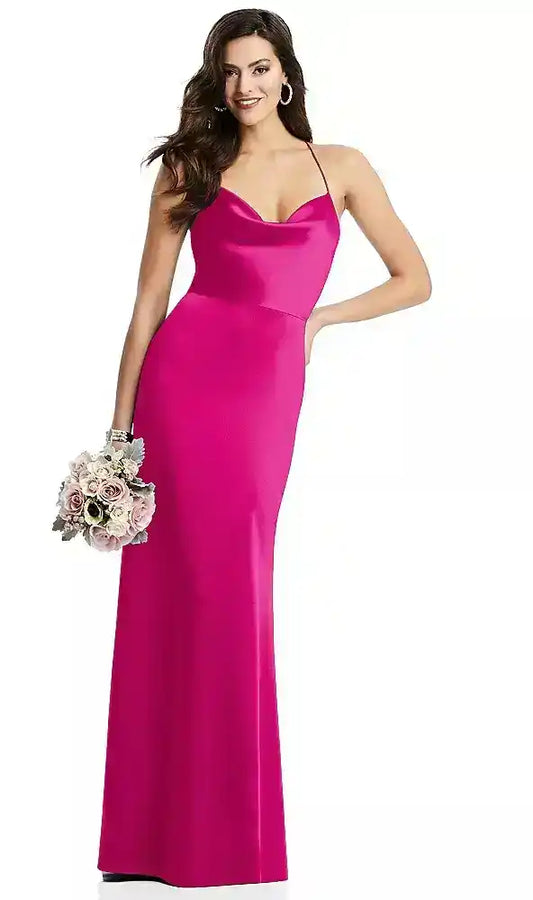 Cowl-Neck Criss Cross Back Slip Dress in Think Pink Bridesmaid Dresses