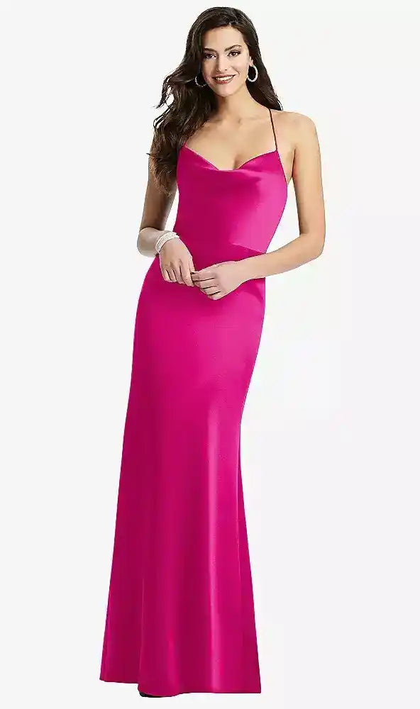Cowl-Neck Criss Cross Back Slip Dress in Think Pink Bridesmaid Dresses
