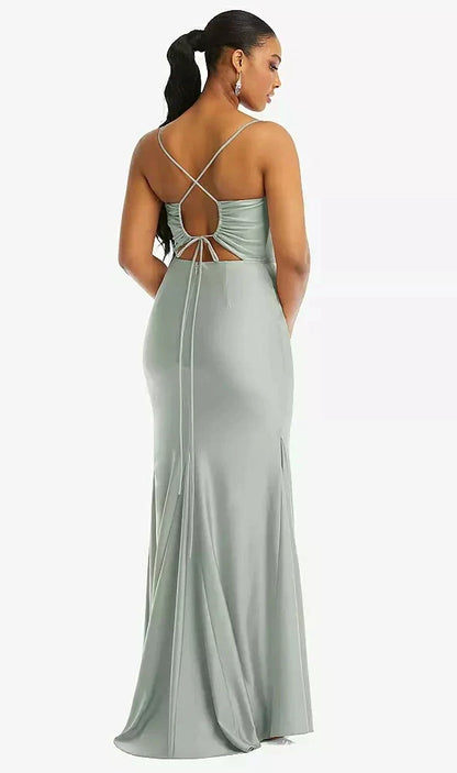 Cowl-Neck Open Tie-Back Stretch Satin Mermaid Dress with Slight Train in Willow Green