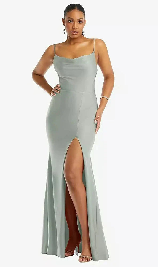 Cowl-Neck Open Tie-Back Stretch Satin Mermaid Dress with Slight Train in Willow Green
