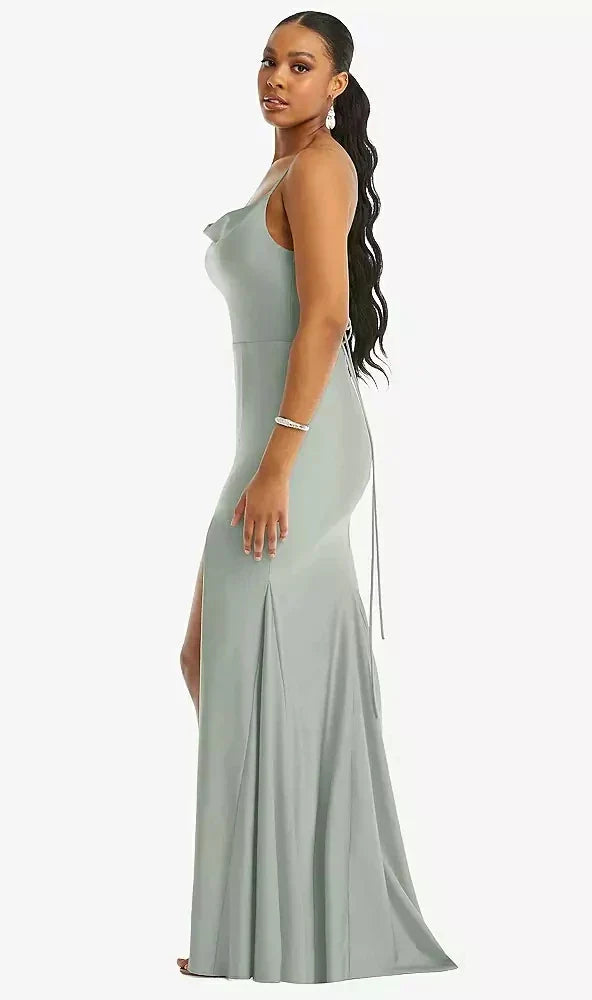 Cowl-Neck Open Tie-Back Stretch Satin Mermaid Dress with Slight Train in Willow Green
