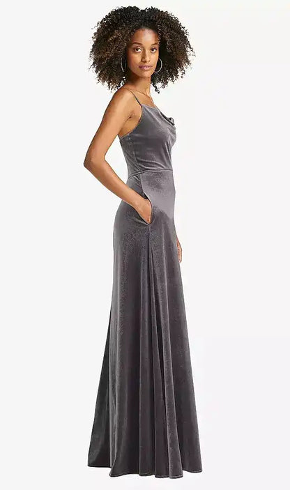 Cowl-Neck Velvet Maxi Dress with Pockets in Caviar Gray