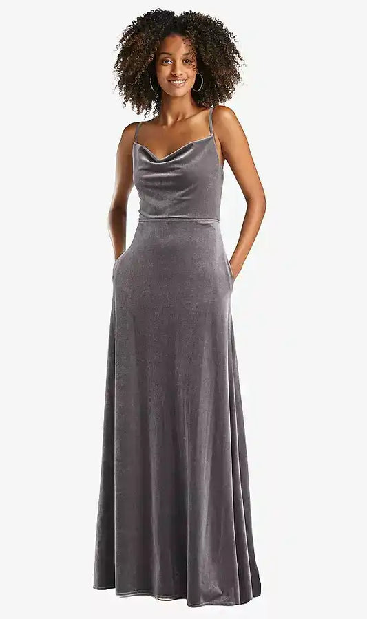 Cowl-Neck Velvet Maxi Dress with Pockets in Caviar Gray