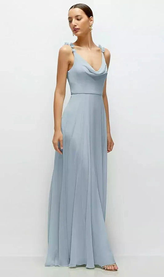 Cowl Neck Chiffon Maxi Dress with Hand-Worked Petal Straps in Mist