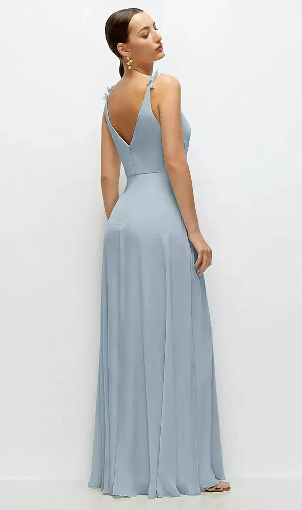 Cowl Neck Chiffon Maxi Dress with Hand-Worked Petal Straps in Mist