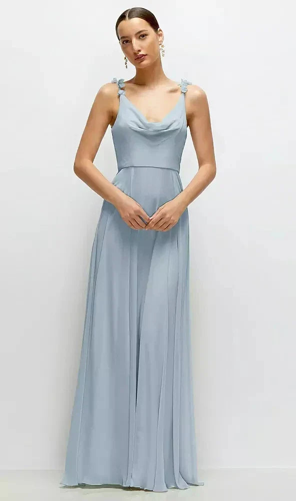 Cowl Neck Chiffon Maxi Dress with Hand-Worked Petal Straps in Mist