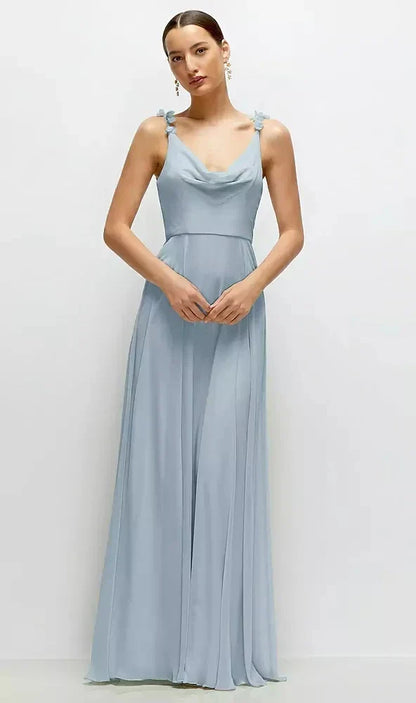Cowl Neck Chiffon Maxi Dress with Hand-Worked Petal Straps in Mist