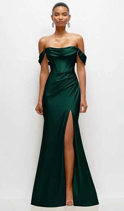 Cowl Neck Off-the-Shoulder Stretch Satin Fit and Flare Corset Maxi Dress in Evergreen