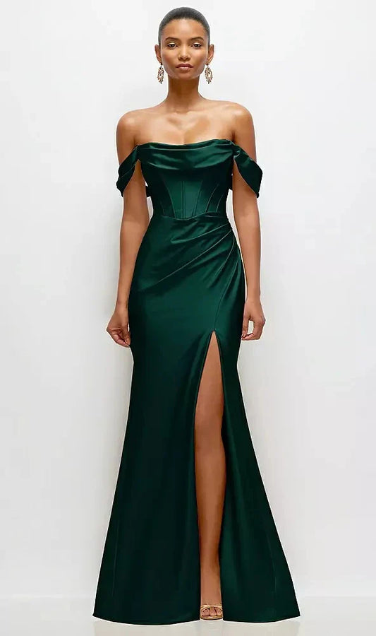 Cowl Neck Off-the-Shoulder Stretch Satin Fit and Flare Corset Maxi Dress in Evergreen