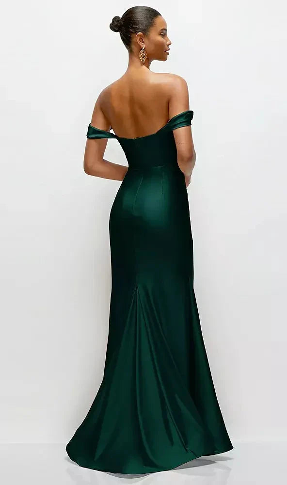 Cowl Neck Off-the-Shoulder Stretch Satin Fit and Flare Corset Maxi Dress in Evergreen