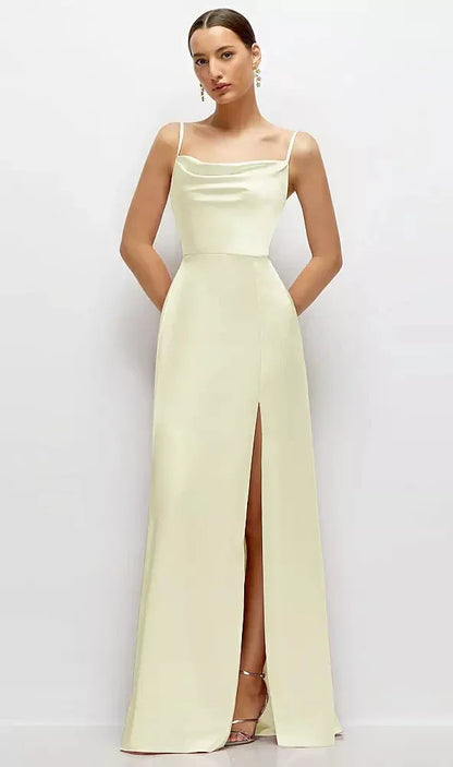 Cowl Neck Satin Maxi Dress with Adjustable Spaghetti Straps in Butter Yellow