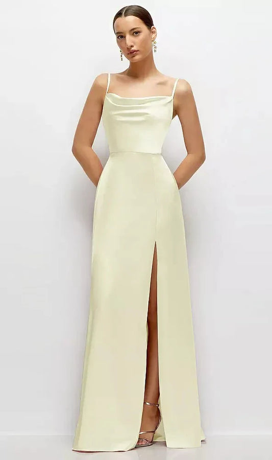 Cowl Neck Satin Maxi Dress with Adjustable Spaghetti Straps in Butter Yellow