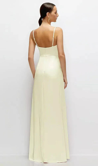 Cowl Neck Satin Maxi Dress with Adjustable Spaghetti Straps in Butter Yellow