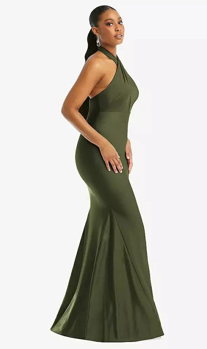 Criss Cross Halter Open-Back Stretch Satin Mermaid Dress in Olive Green