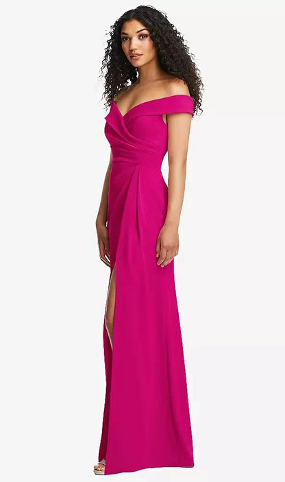 Cuffed Off-the-Shoulder Pleated Faux Wrap Maxi Dress in Think Pink