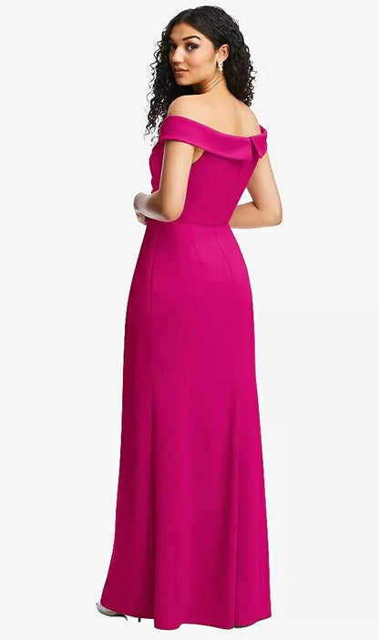 Cuffed Off-the-Shoulder Pleated Faux Wrap Maxi Dress in Think Pink
