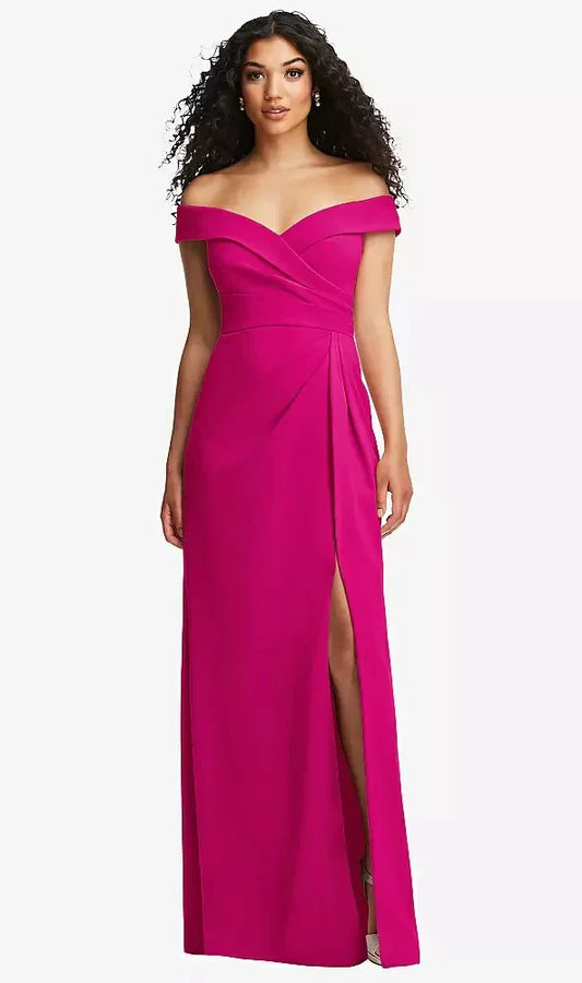 Cuffed Off-the-Shoulder Pleated Faux Wrap Maxi Dress in Think Pink