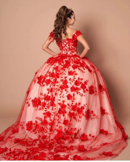 Custom Made 3D Flower Dark Red Lace Quinceanera Dresses Off the Shoulder